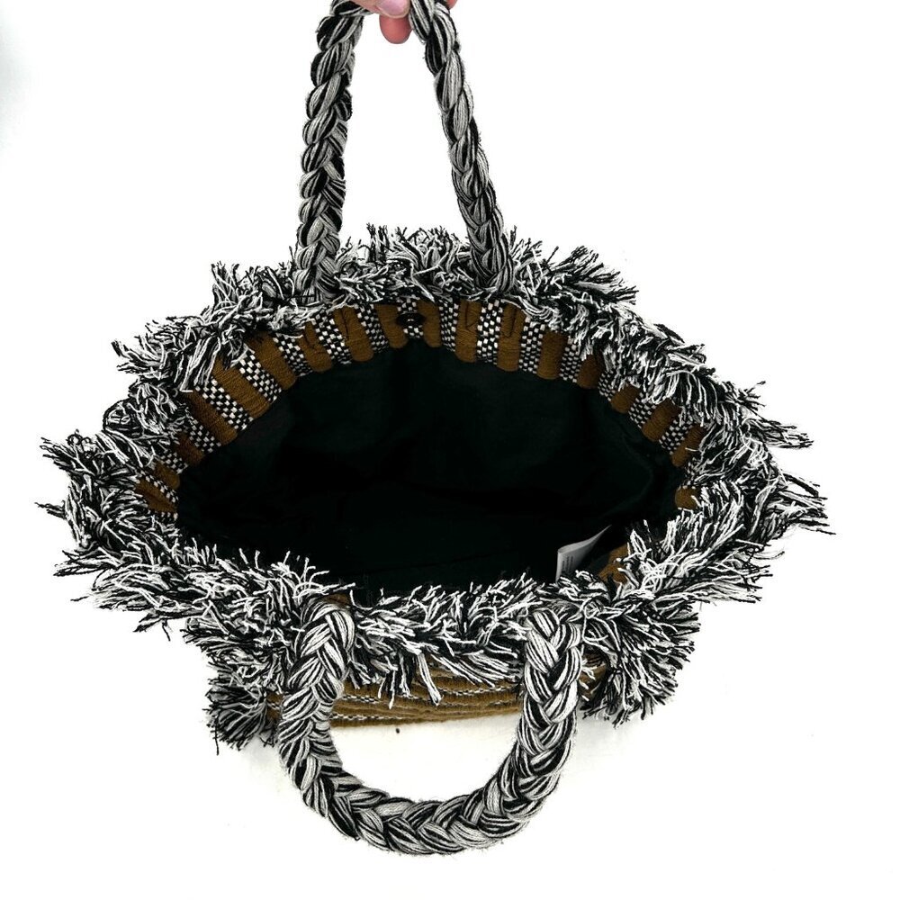 ANTHROPOLOGIE Olive Green White Black Gabi Braided Fringe Boho Festival Tote Bag - Picture 6 of 9